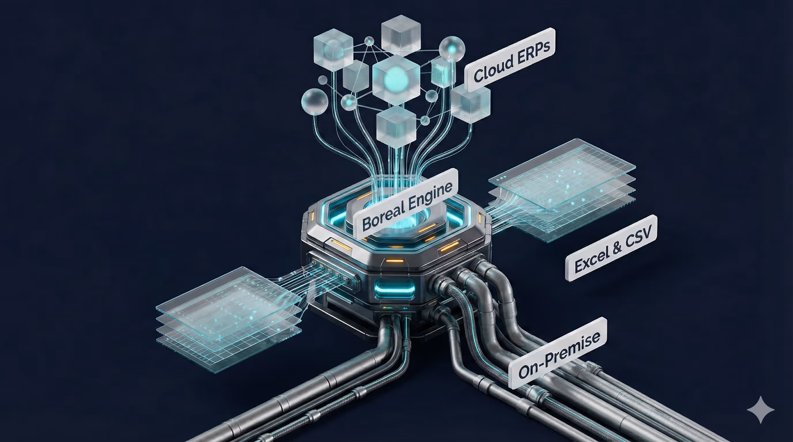 Diagrama de conectividad híbrida de Boreal mostrando ERPs en la nube, sistemas on-premise y archivos Excel alimentando el Boreal Engine